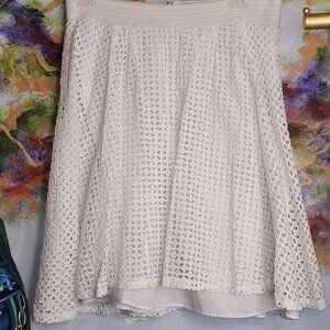 White Flower Eyelet A-Line Midi Length Skirt w/Hidden Zipper 100% Cotton-Roz&Ali